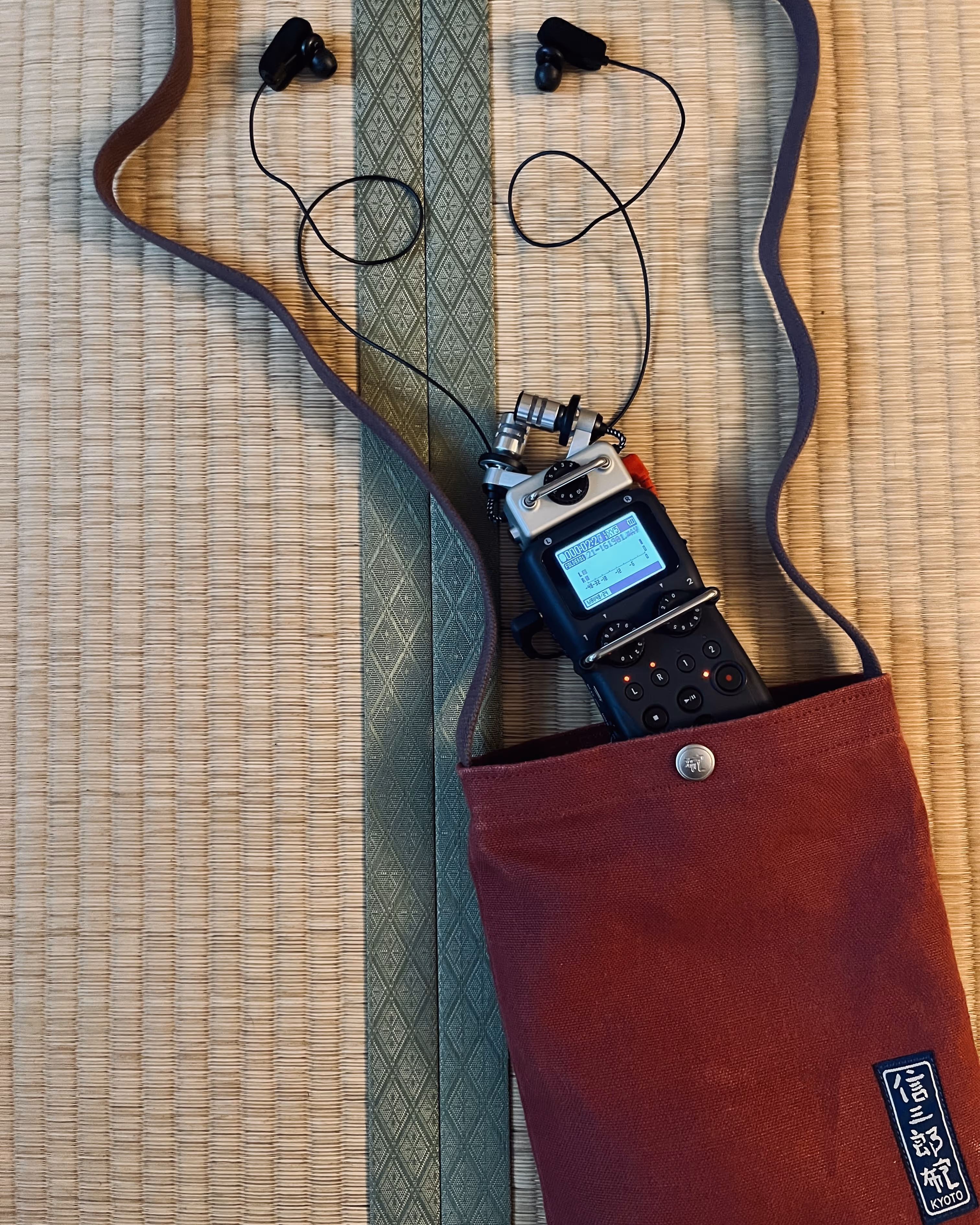 The field recorders used on the sound walks, a Zoom H5, inside a bag from Ichizawa Hanpu, a company from Kyoto